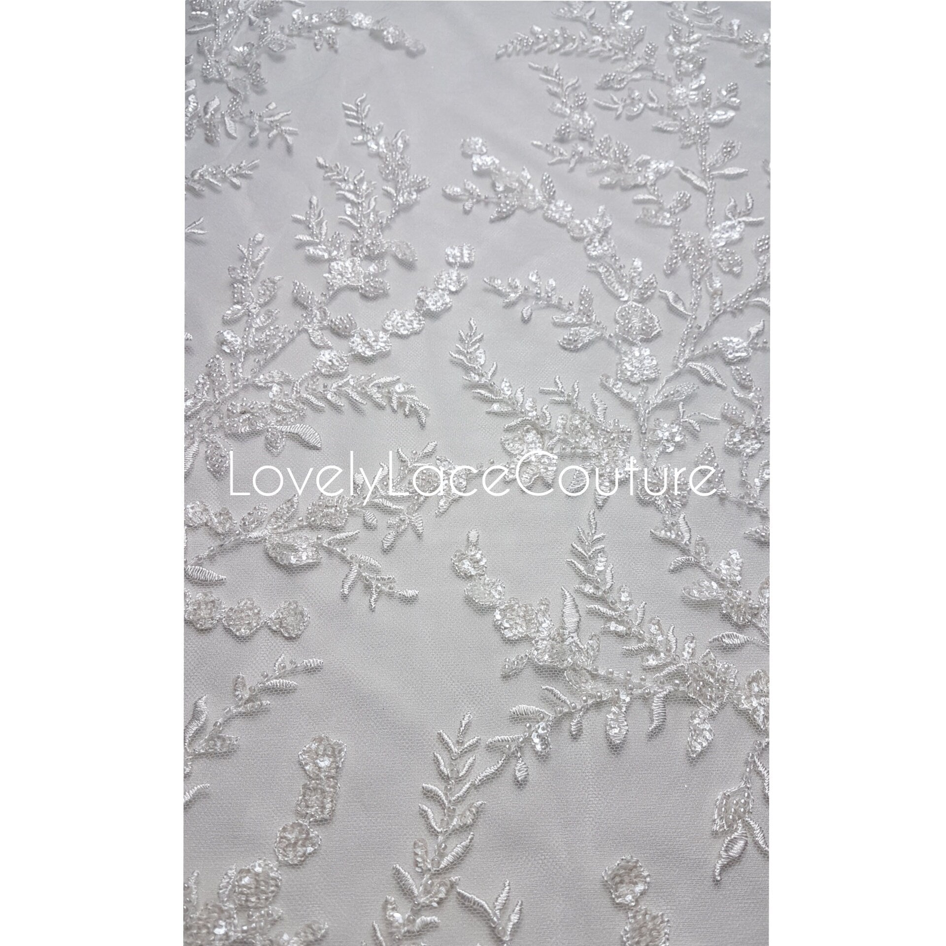 LL-1376 Beaded Flower bridal lace fabric with transparent sequins in off-white, Couture Lace Fabric, luxurious beaded wedding dress lace