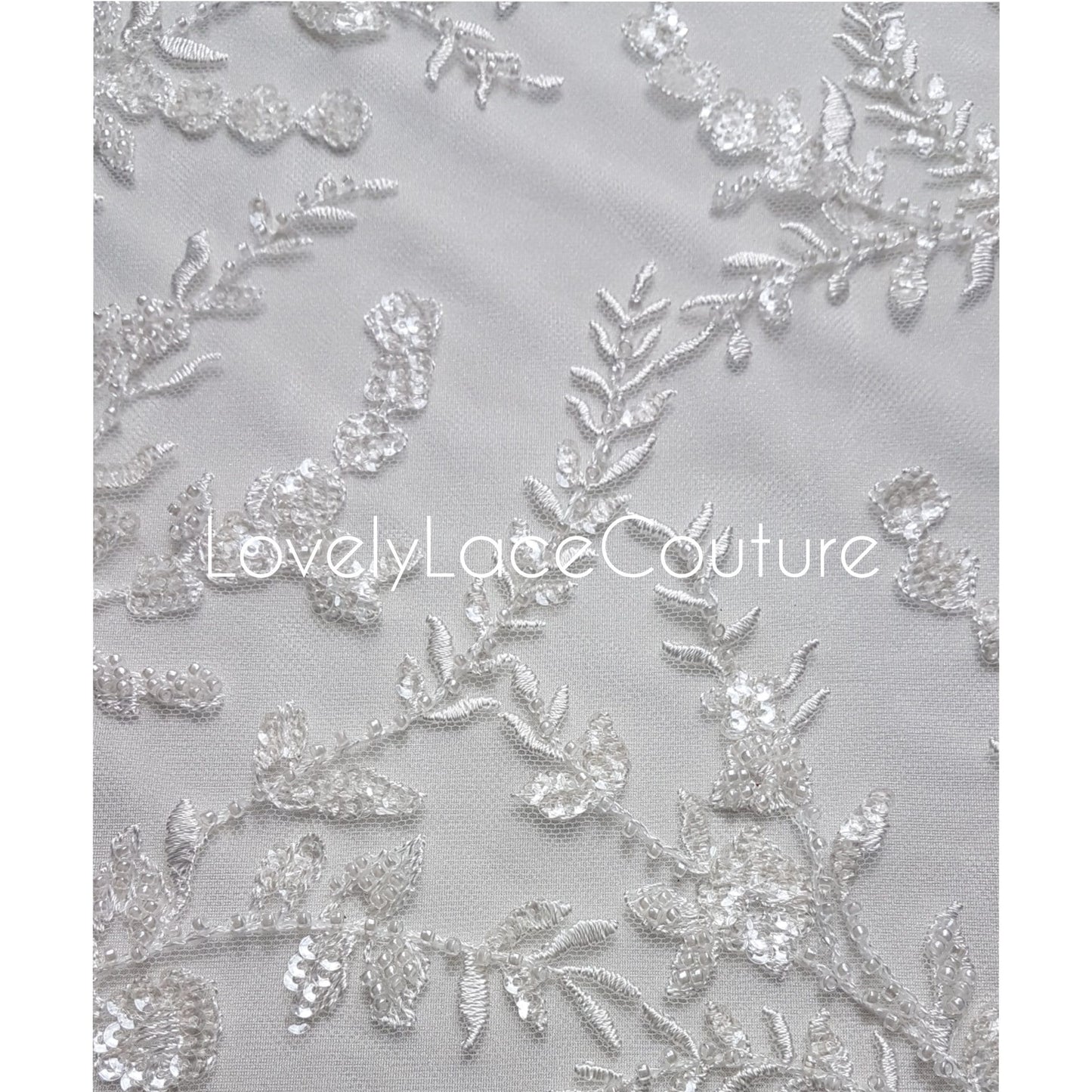LL-1376 Beaded Flower bridal lace fabric with transparent sequins in off-white, Couture Lace Fabric, luxurious beaded wedding dress lace