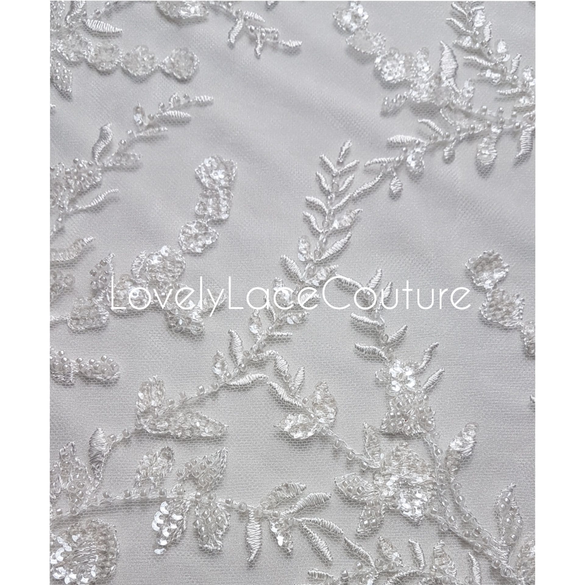 LL-1376 Beaded Flower bridal lace fabric with transparent sequins in off-white, Couture Lace Fabric, luxurious beaded wedding dress lace