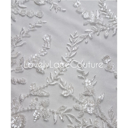 LL-1376 Beaded Flower bridal lace fabric with transparent sequins in off-white, Couture Lace Fabric, luxurious beaded wedding dress lace