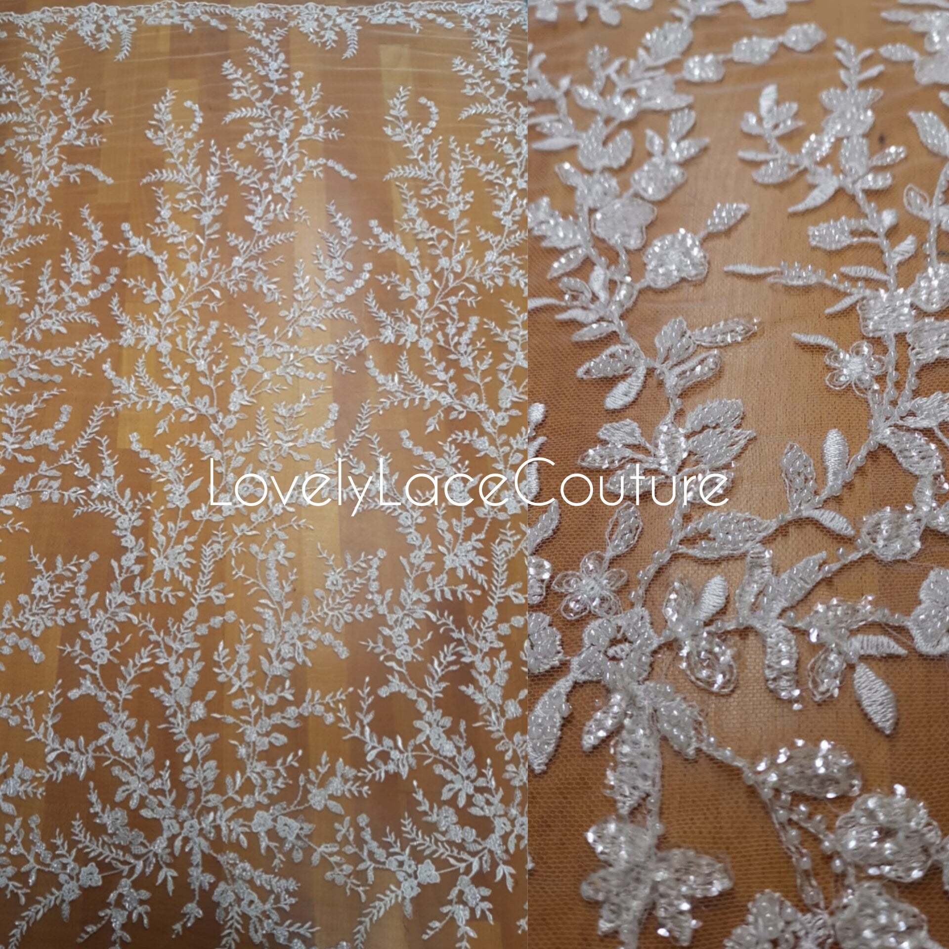 LL-1376 Beaded Flower bridal lace fabric with transparent sequins in off-white, Couture Lace Fabric, luxurious beaded wedding dress lace