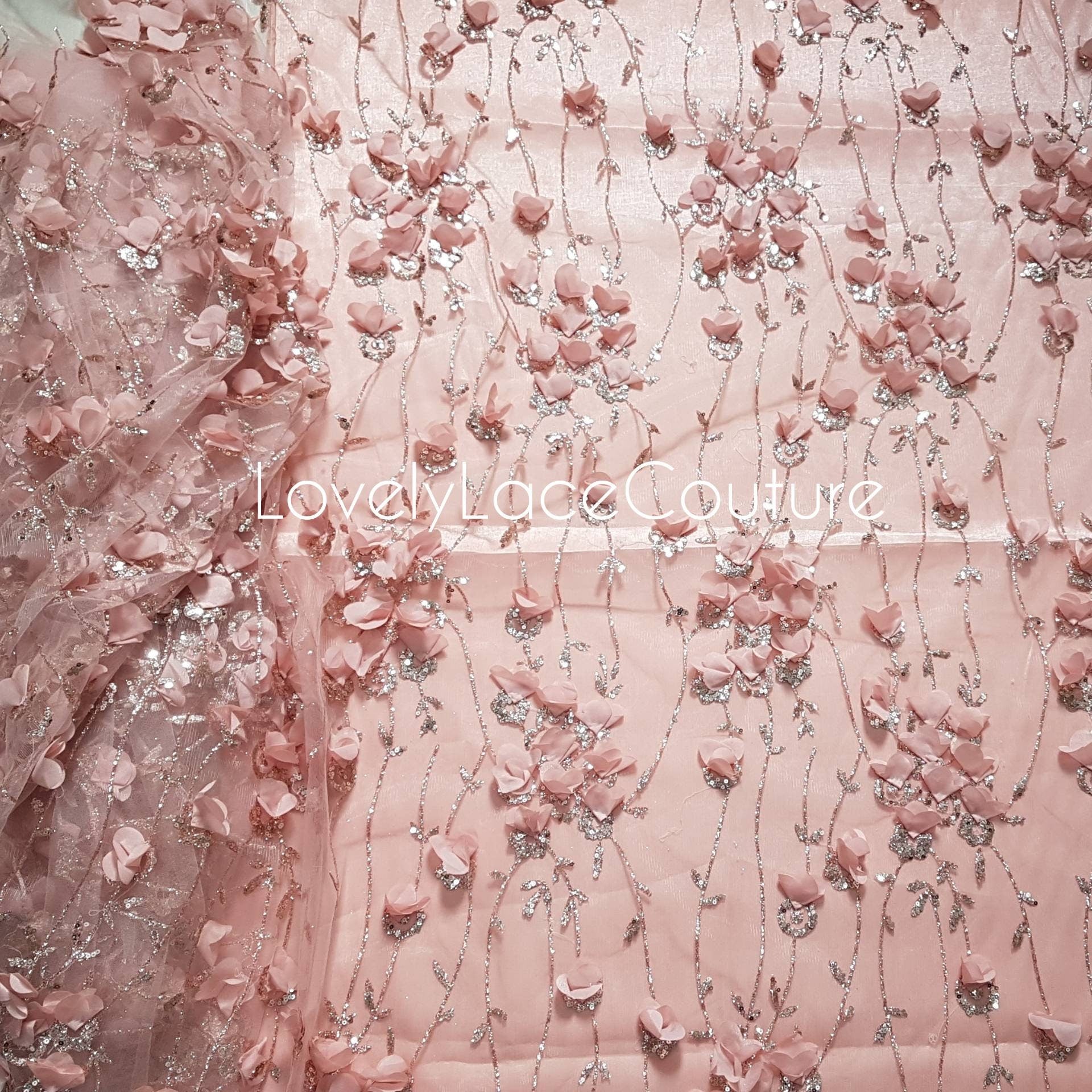 Rosegold and Blue glitter fabric with Flowers and sequins, net fabric in rose LL-1377 or blue LL-1378 color with floral design