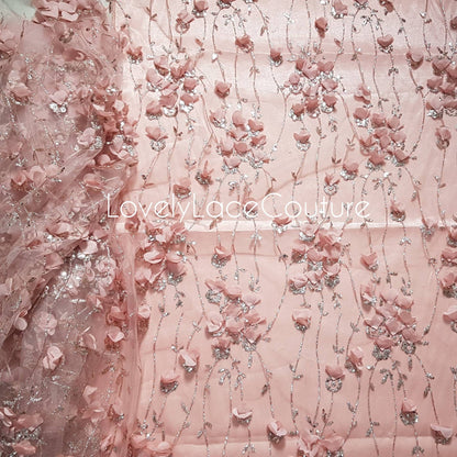 Rosegold and Blue glitter fabric with Flowers and sequins, net fabric in rose LL-1377 or blue LL-1378 color with floral design