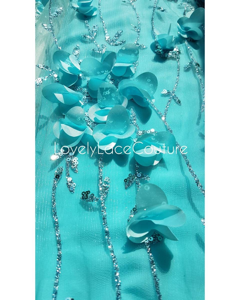 Rosegold and Blue glitter fabric with Flowers and sequins, net fabric in rose LL-1377 or blue LL-1378 color with floral design