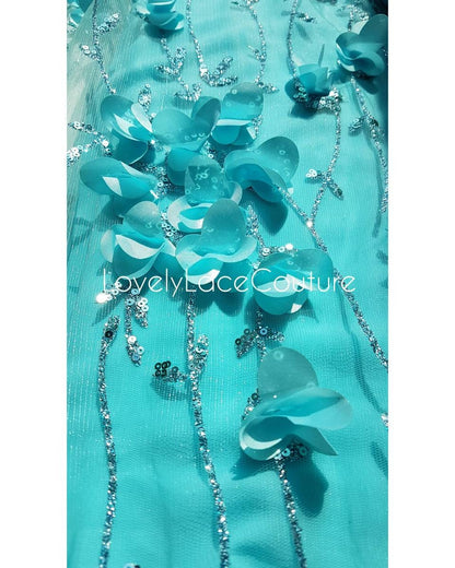 Rosegold and Blue glitter fabric with Flowers and sequins, net fabric in rose LL-1377 or blue LL-1378 color with floral design