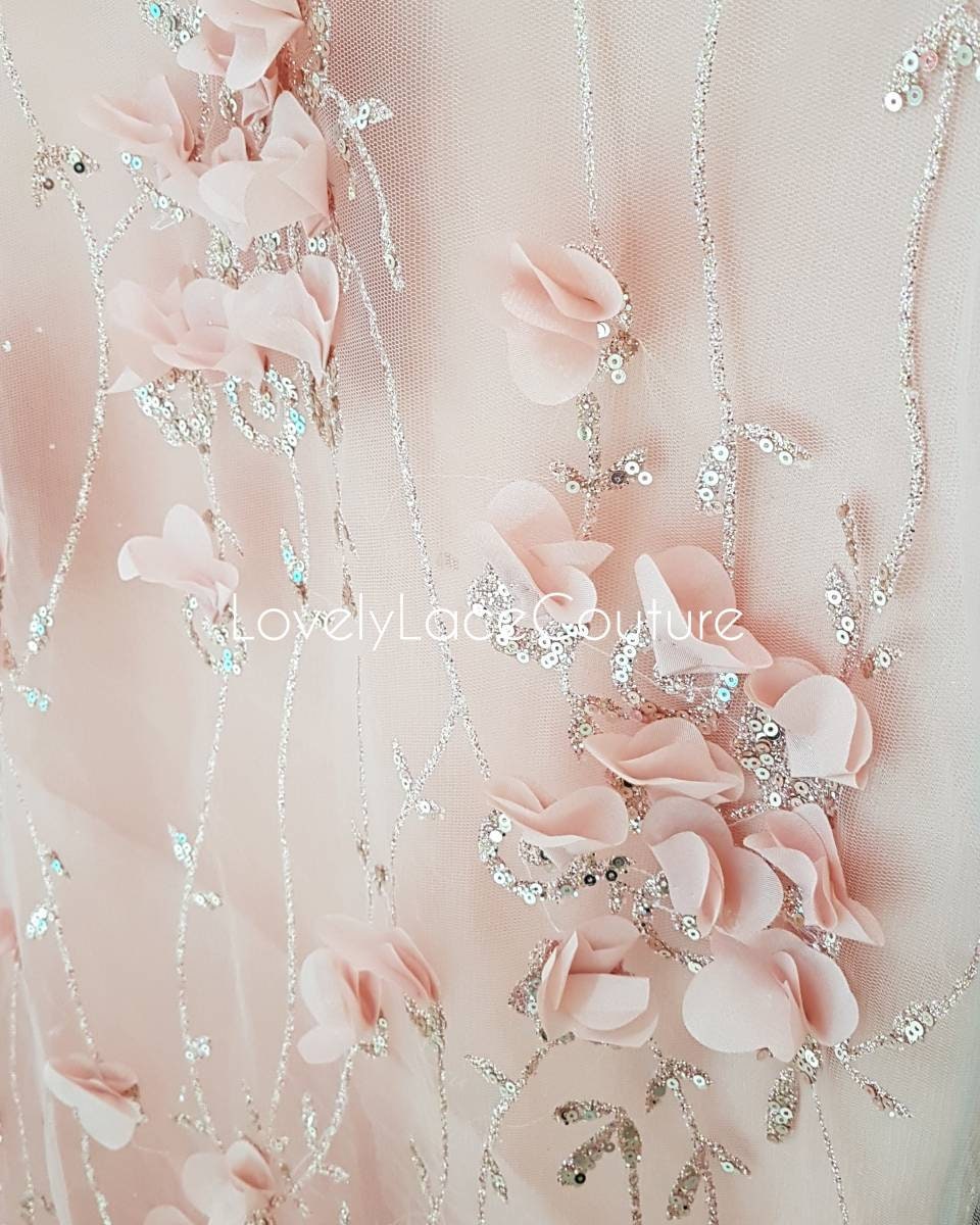 Rosegold and Blue glitter fabric with Flowers and sequins, net fabric in rose LL-1377 or blue LL-1378 color with floral design