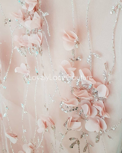 Rosegold and Blue glitter fabric with Flowers and sequins, net fabric in rose LL-1377 or blue LL-1378 color with floral design