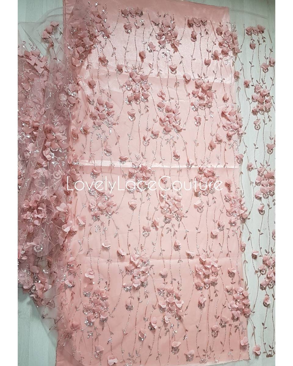 Rosegold and Blue glitter fabric with Flowers and sequins, net fabric in rose LL-1377 or blue LL-1378 color with floral design