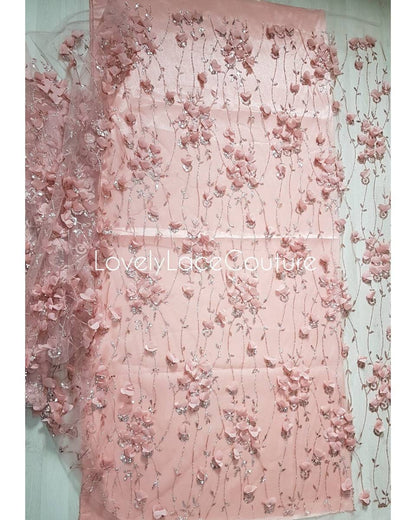 Rosegold and Blue glitter fabric with Flowers and sequins, net fabric in rose LL-1377 or blue LL-1378 color with floral design