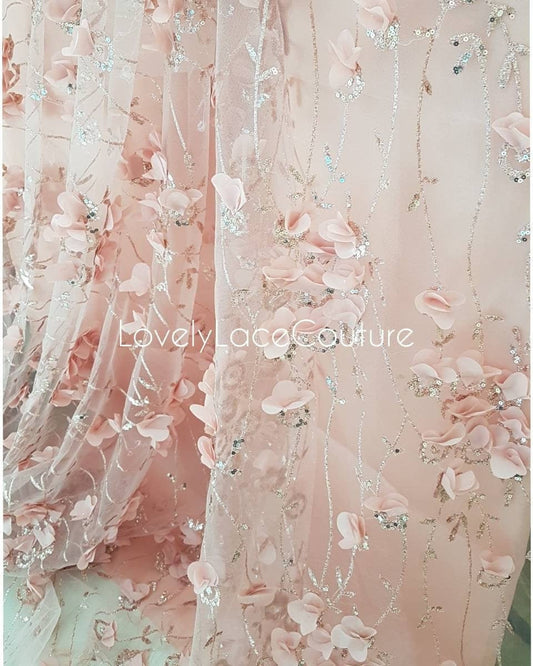 Rosegold and Blue glitter fabric with Flowers and sequins, net fabric in rose LL-1377 or blue LL-1378 color with floral design