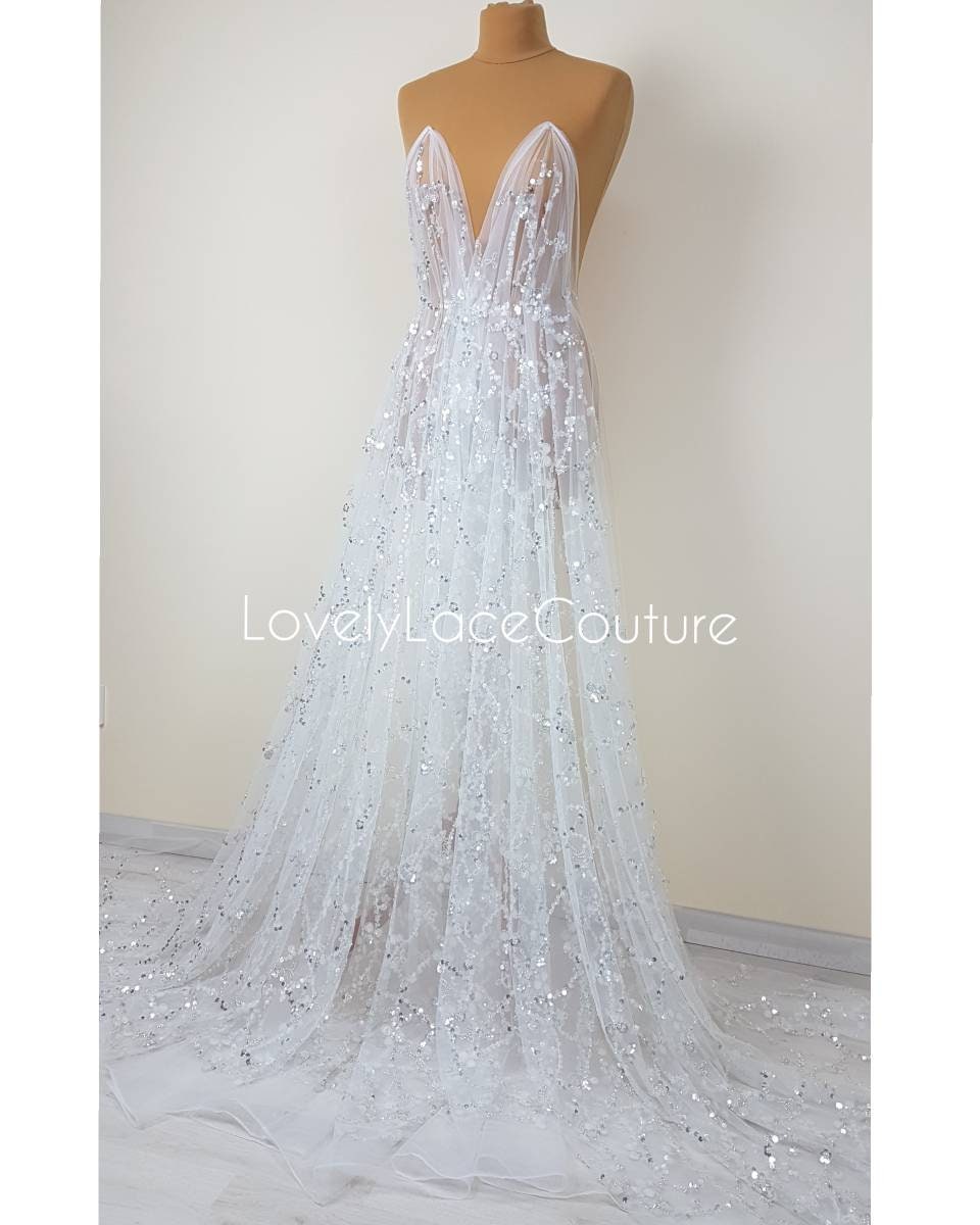 Abstract flower bridal lace fabric with big crystal sequins, Couture Lace Fabric, lovely beaded wedding dress lace, designer lace LL-1380