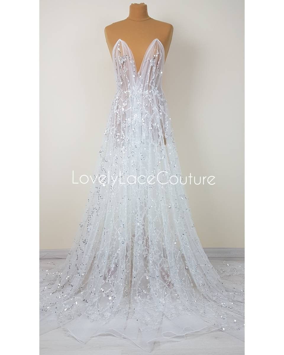 Abstract flower bridal lace fabric with big crystal sequins, Couture Lace Fabric, lovely beaded wedding dress lace, designer lace LL-1380