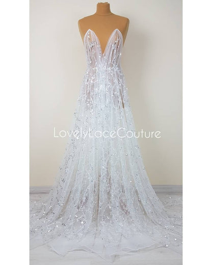 Abstract flower bridal lace fabric with big crystal sequins, Couture Lace Fabric, lovely beaded wedding dress lace, designer lace LL-1380