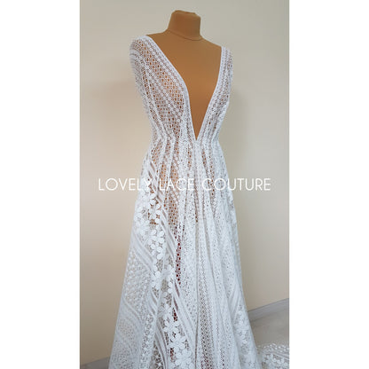 Luxury soft embroidered guipure lace, High Quality, modern Flower Dot design, Vintage Lace fabric, Boho wedding dress fabric LL-1381