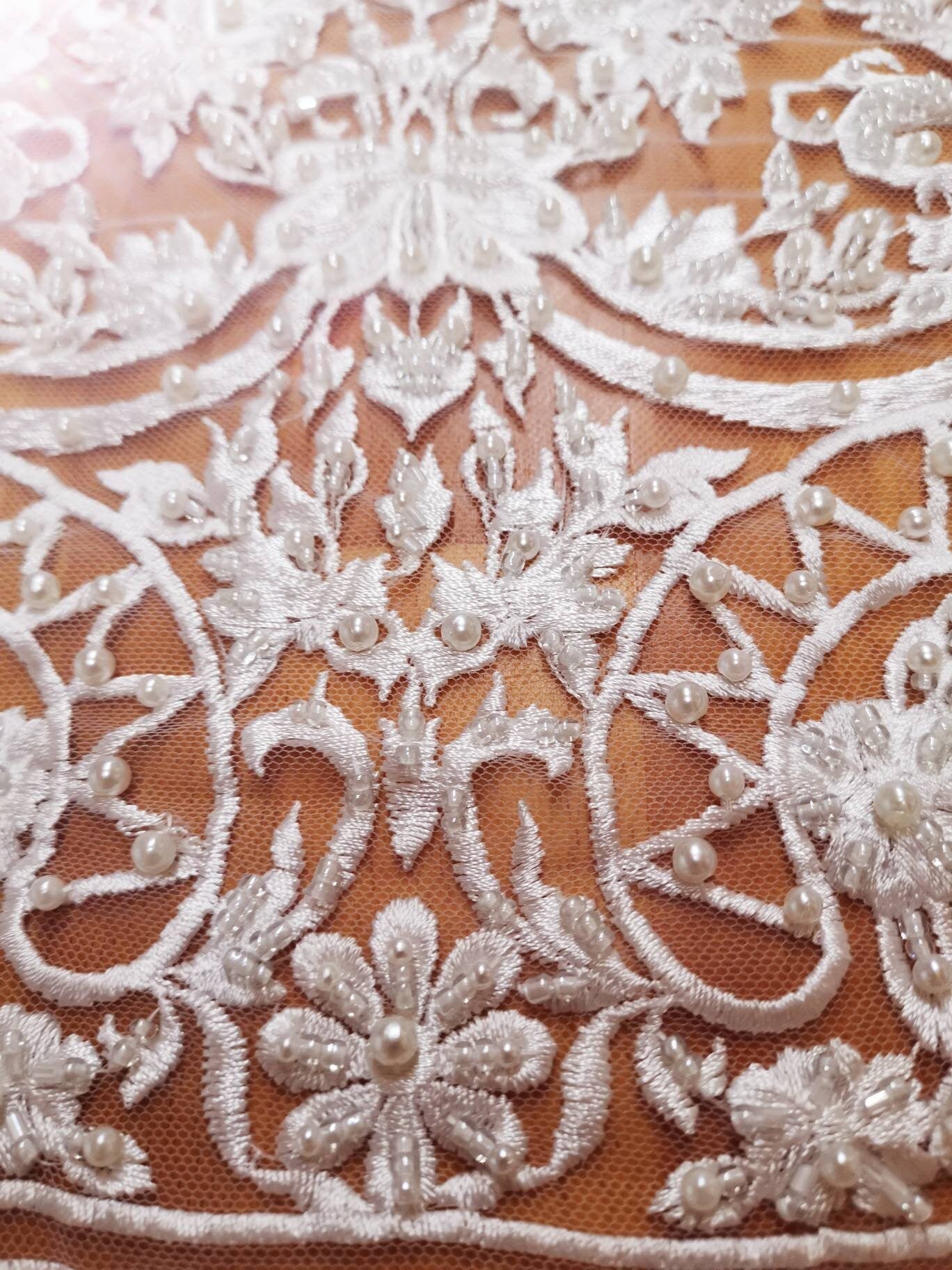 Offwhite lace fabric, Bridal lace fabric, Embroidered lace fabric, Wedding Lace, French, Net Lace, Flower Lace LL-1114