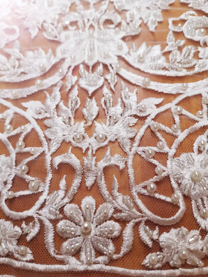 Offwhite lace fabric, Bridal lace fabric, Embroidered lace fabric, Wedding Lace, French, Net Lace, Flower Lace LL-1114