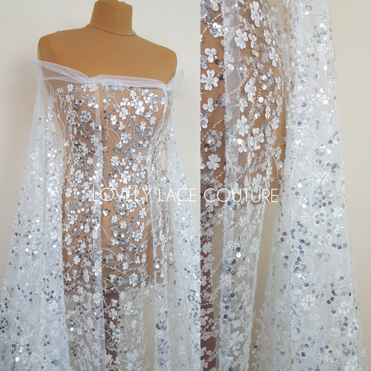 3D Flower Lace, beaded bridal lace fabric with big crystal sequins, Couture Lace Fabric, luxurious wedding dress lace, designer lace LL-1384
