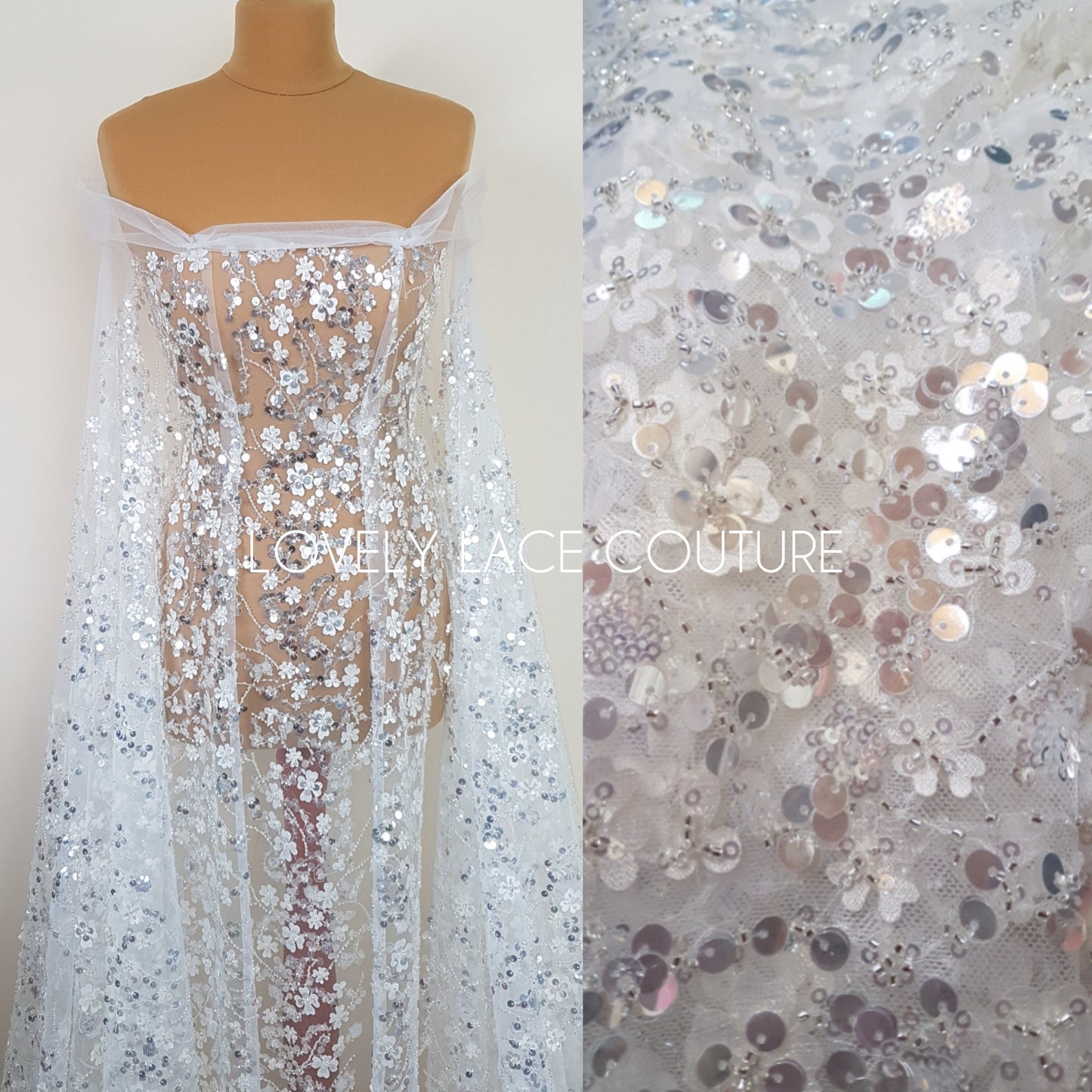 3D Flower Lace, beaded bridal lace fabric with big crystal sequins, Couture Lace Fabric, luxurious wedding dress lace, designer lace LL-1384