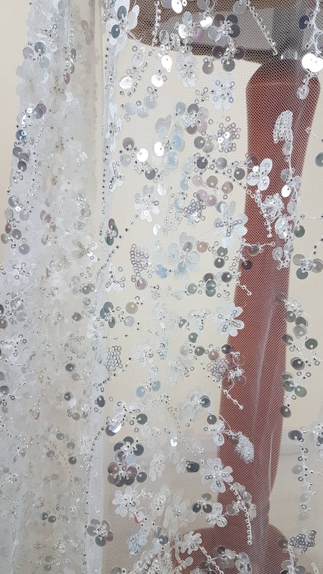 3D Flower Lace, beaded bridal lace fabric with big crystal sequins, Couture Lace Fabric, luxurious wedding dress lace, designer lace LL-1384