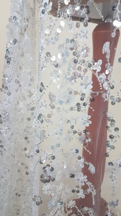 3D Flower Lace, beaded bridal lace fabric with big crystal sequins, Couture Lace Fabric, luxurious wedding dress lace, designer lace LL-1384