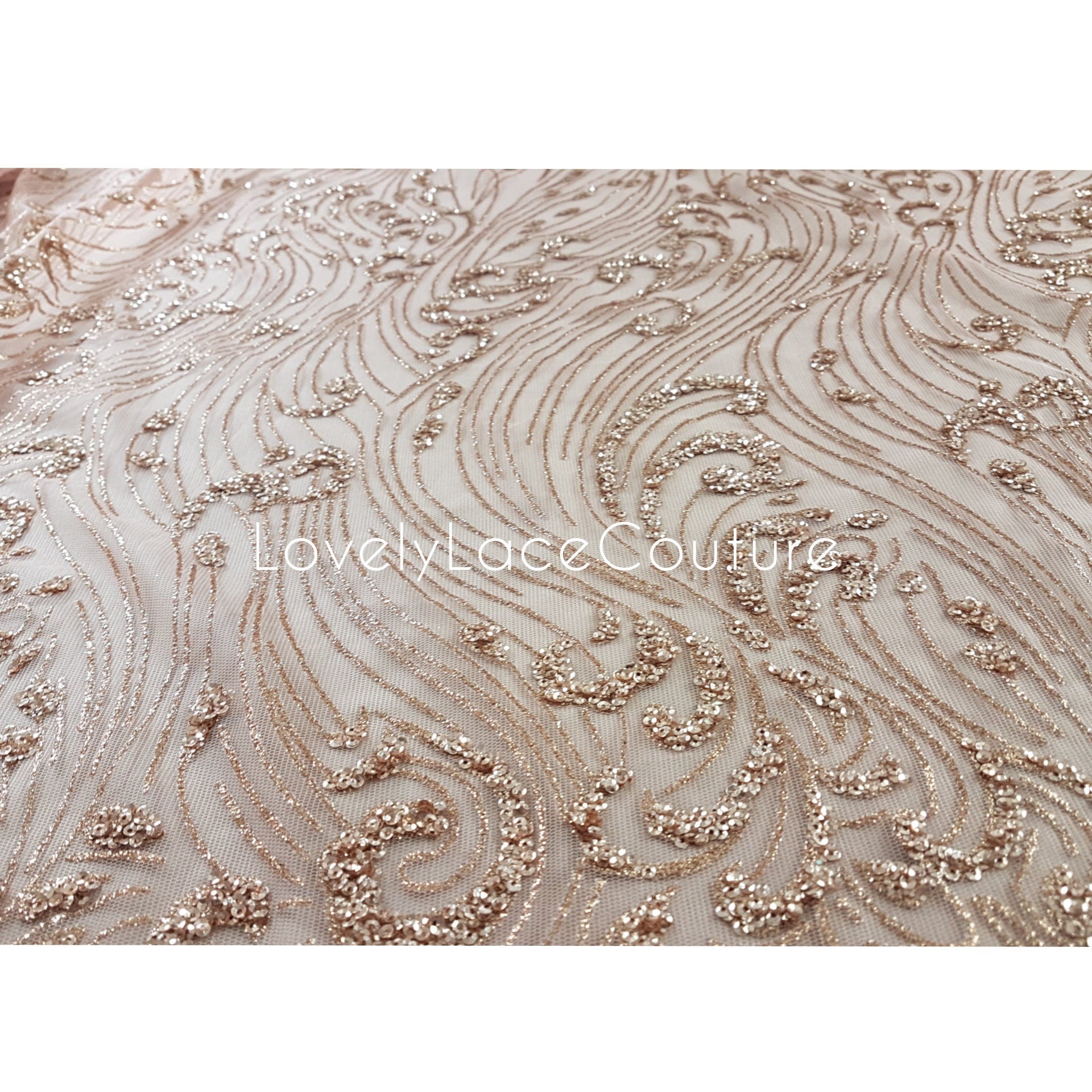 Glitter Stoff mit Pailletten in roségold LL-1391 oder silber LL-1392, Netzstoff mit Glitter im abstraktem Design