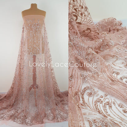 Glitter Stoff mit Pailletten in roségold LL-1391 oder silber LL-1392, Netzstoff mit Glitter im abstraktem Design
