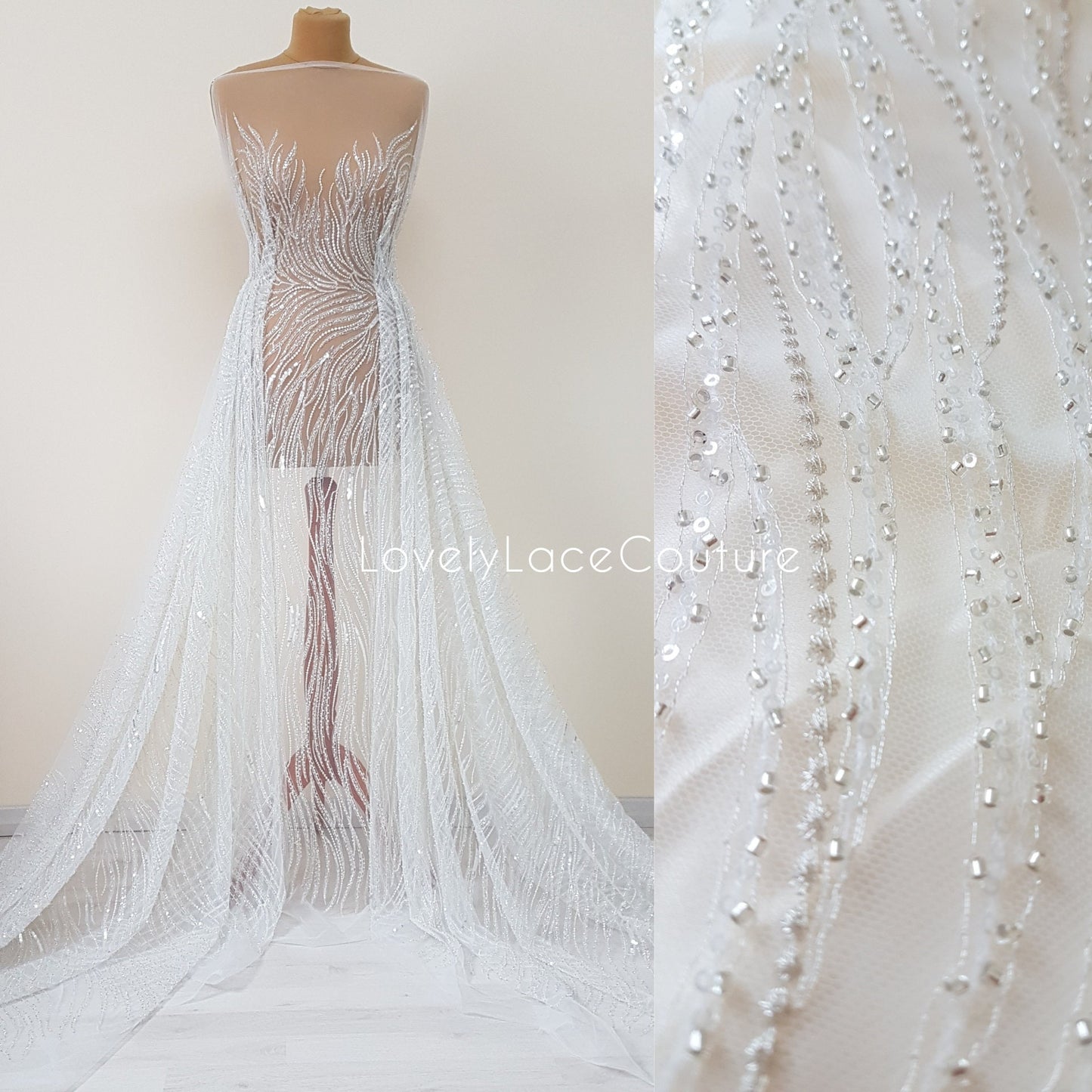 Wunderschöne Brautspitze mit abstraktem Wellendesign, Designer Couture Spitze in Elfenbeinfarbe, moderne Hochzeitspitze LL-1390
