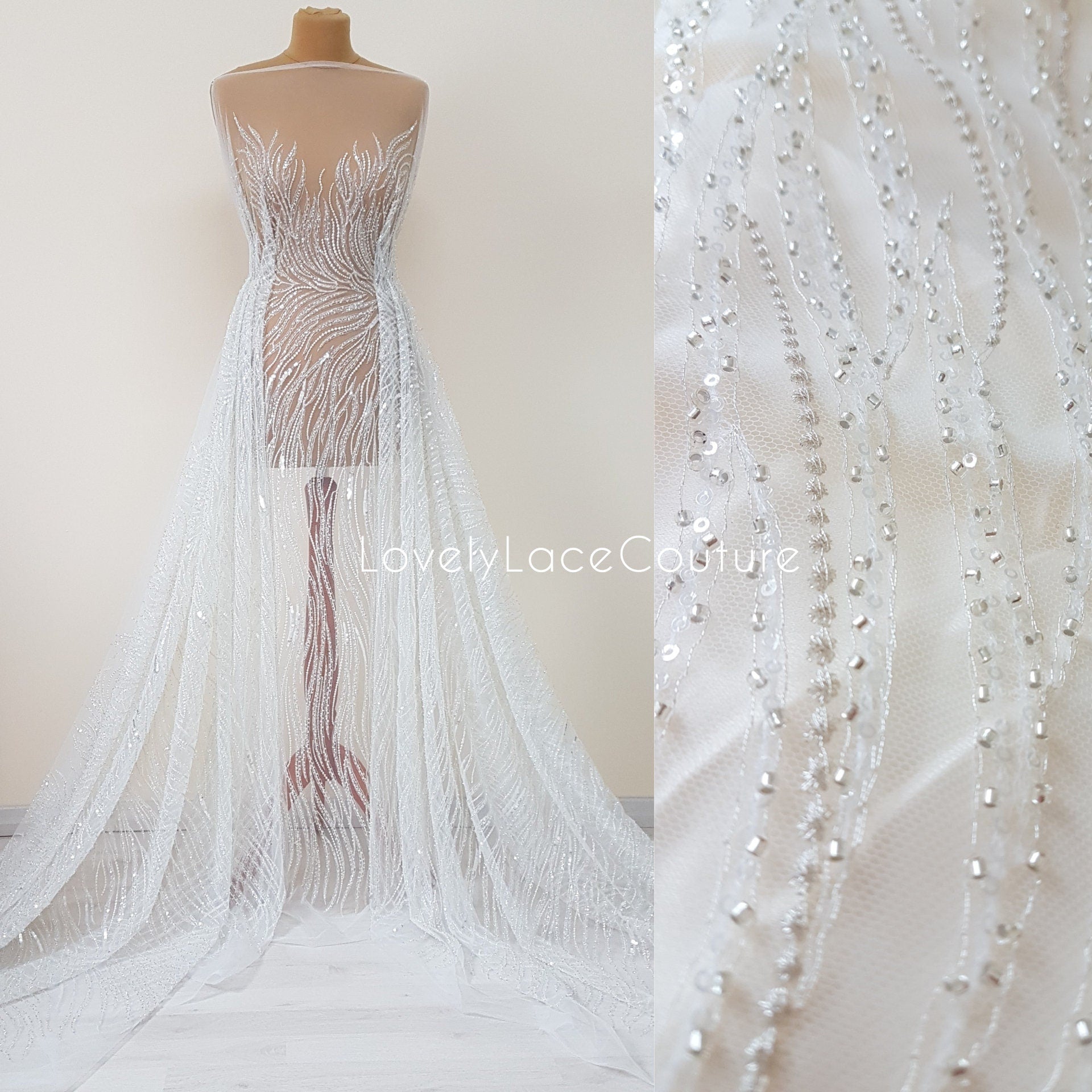 Wunderschöne Brautspitze mit abstraktem Wellendesign, Designer Couture Spitze in Elfenbeinfarbe, moderne Hochzeitspitze LL-1390