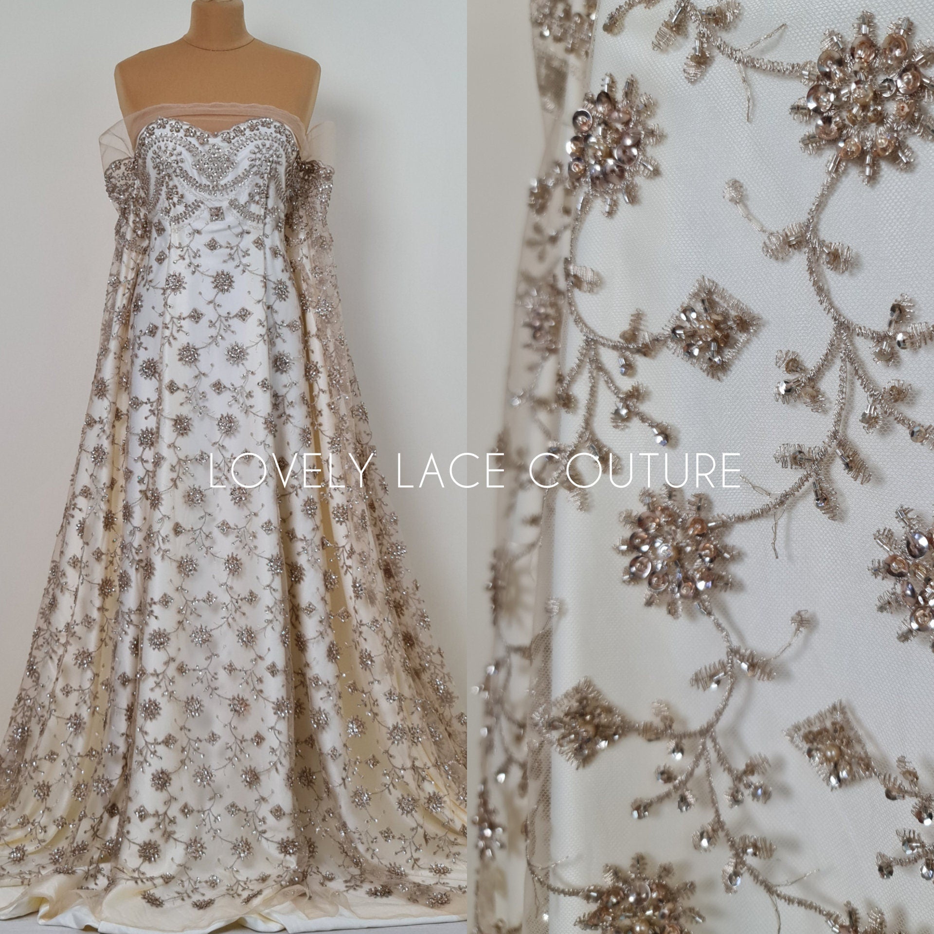 Rare handmade lace fabric in gold color with embroidery on fabric, fabric by the yard or in metre, fabric store, african fabric lace LL-1393