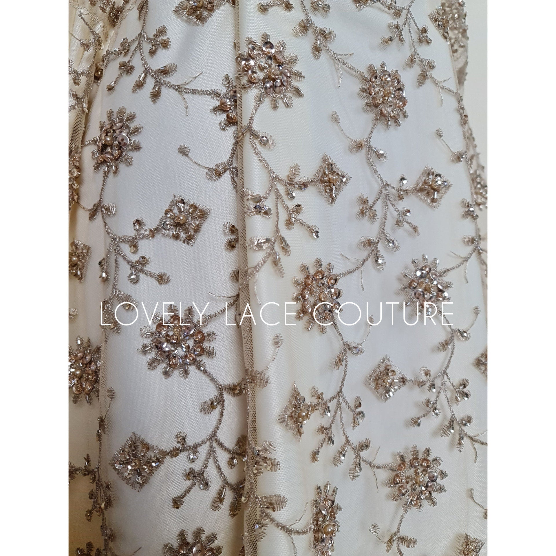 Rare handmade lace fabric in gold color with embroidery on fabric, fabric by the yard or in metre, fabric store, african fabric lace LL-1393