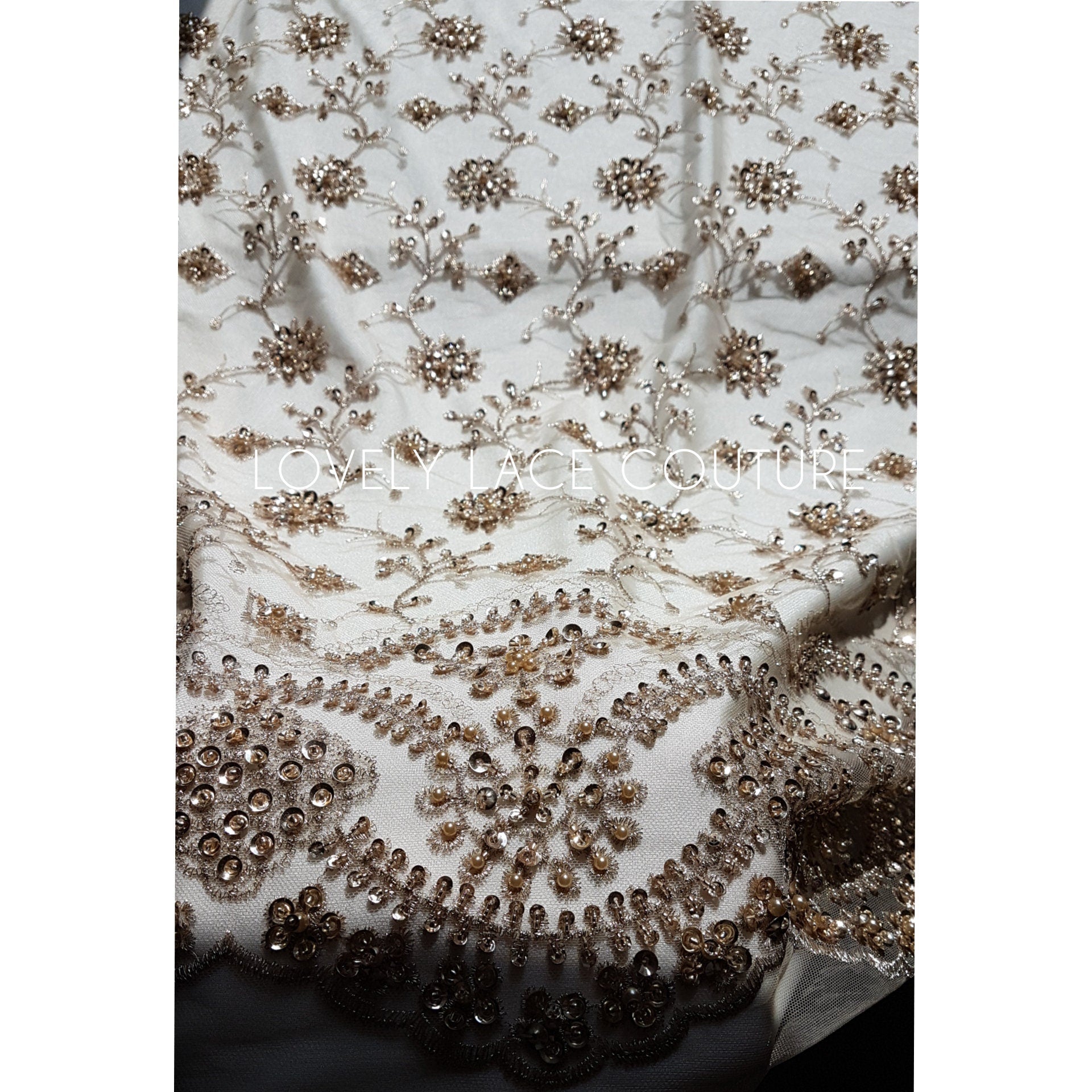 Rare handmade lace fabric in gold color with embroidery on fabric, fabric by the yard or in metre, fabric store, african fabric lace LL-1393