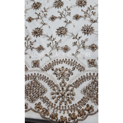 Rare handmade lace fabric in gold color with embroidery on fabric, fabric by the yard or in metre, fabric store, african fabric lace LL-1393