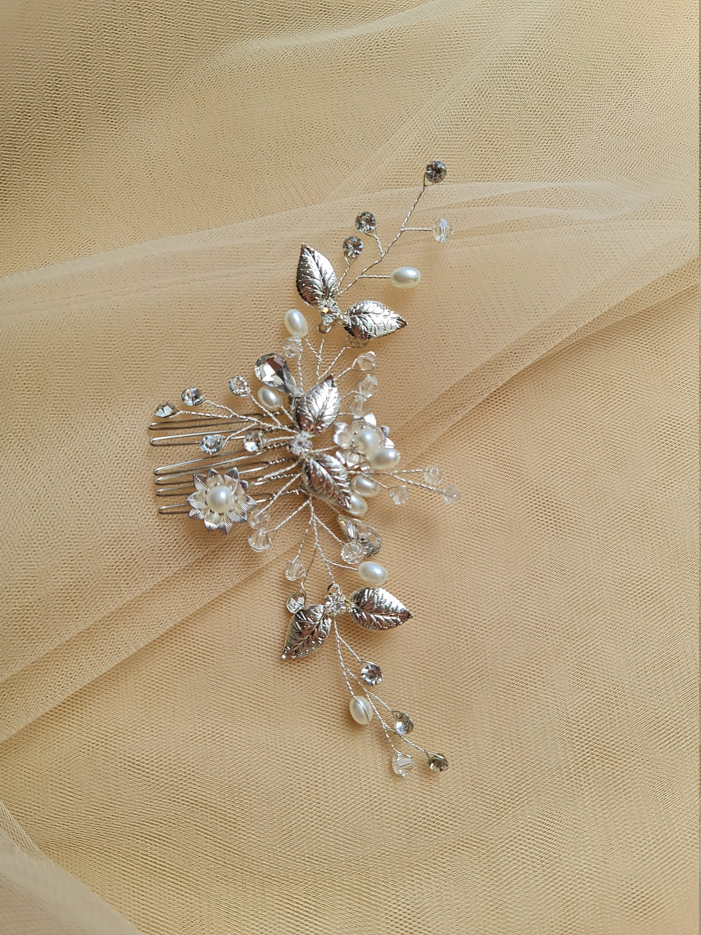 Floral Wedding Headpieces, Bridal Hair Clip, Pearl Crystal Bridal Headpiece, Bridal Hair Jewelry in silver color LL-1397