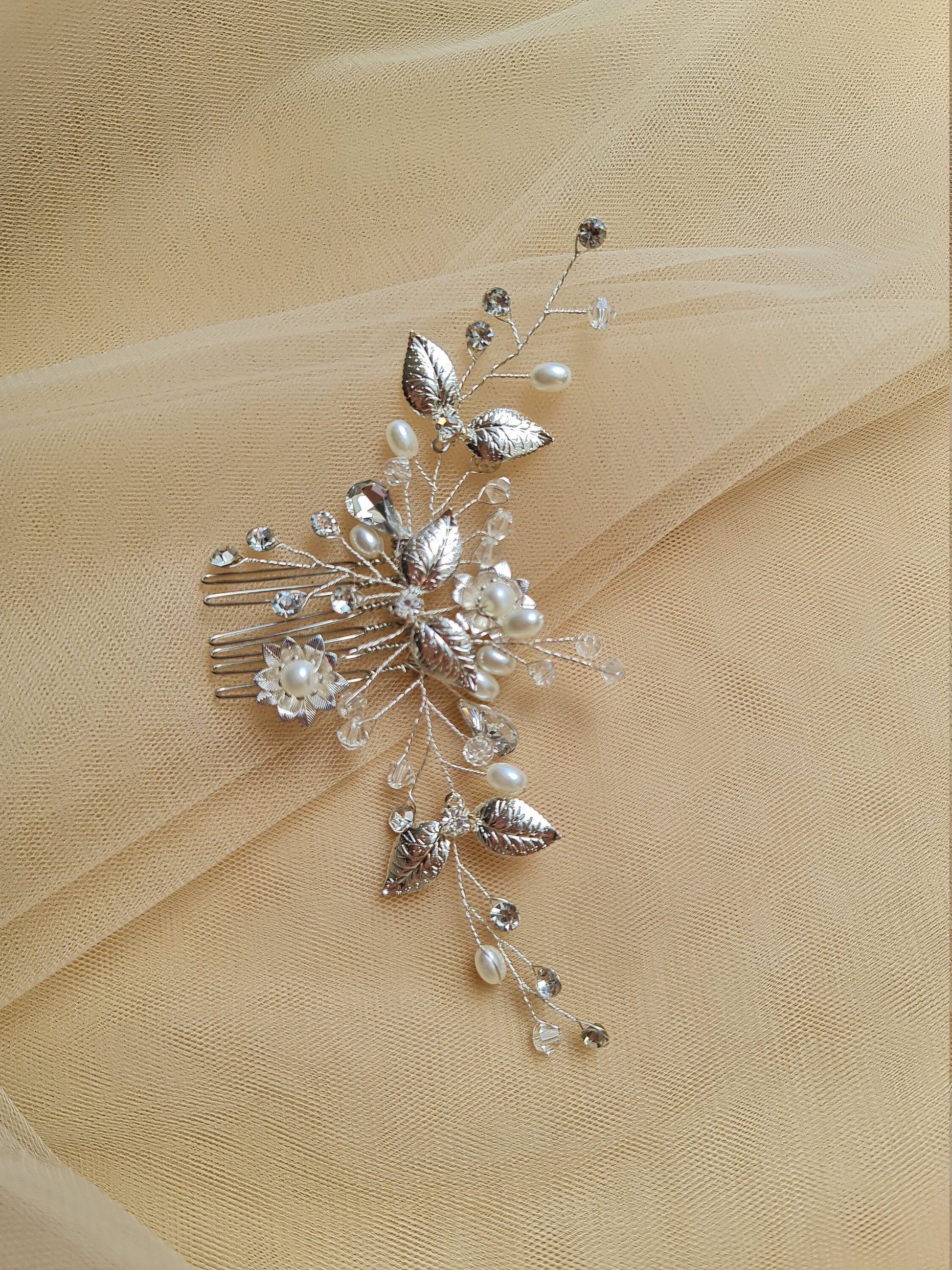 Floral Wedding Headpieces, Bridal Hair Clip, Pearl Crystal Bridal Headpiece, Bridal Hair Jewelry in silver color LL-1397