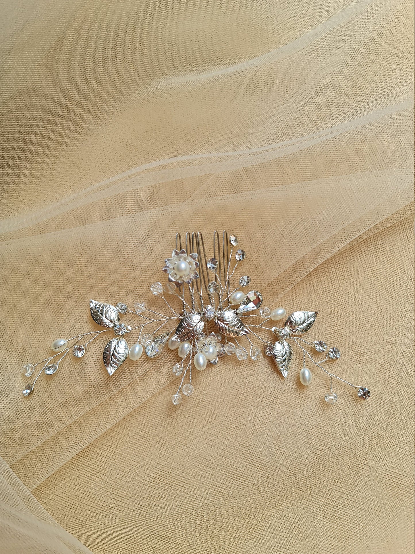 Floral Wedding Headpieces, Bridal Hair Clip, Pearl Crystal Bridal Headpiece, Bridal Hair Jewelry in silver color LL-1397