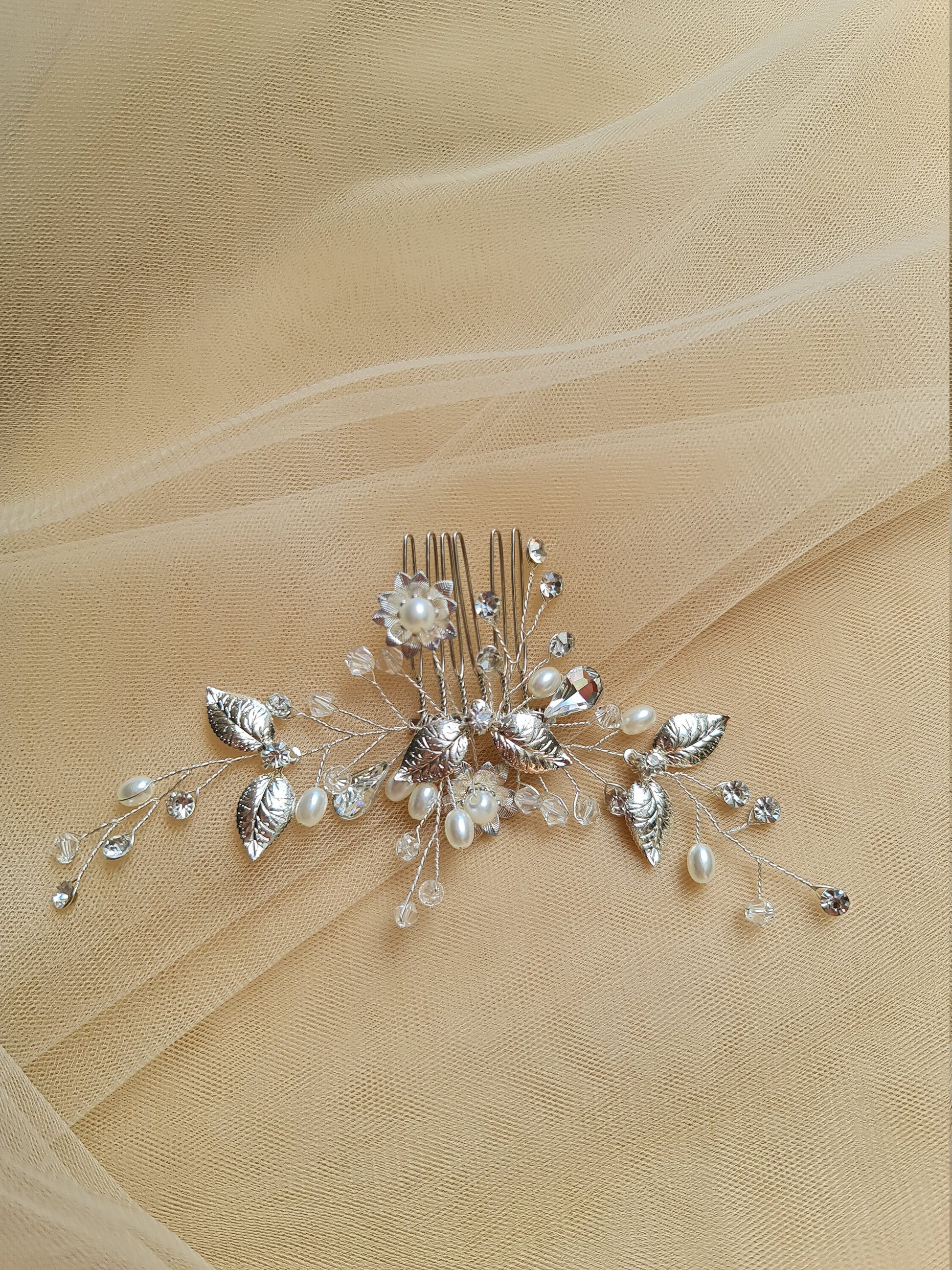 Floral Wedding Headpieces, Bridal Hair Clip, Pearl Crystal Bridal Headpiece, Bridal Hair Jewelry in silver color LL-1397