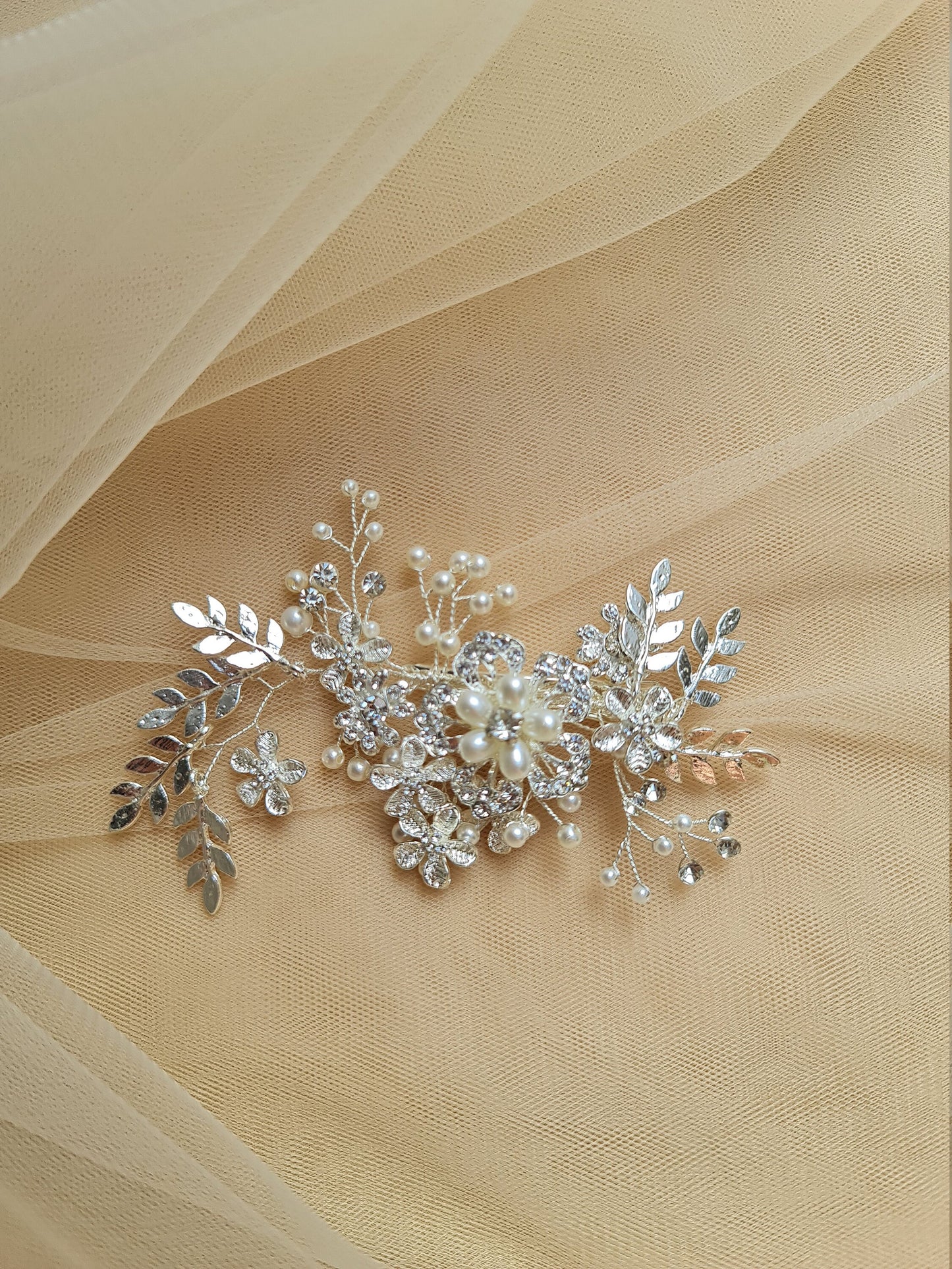 Floral Wedding Headpieces, Bridal Hair Clip, Pearl Crystal Bridal Headpiece, Bridal Hair Jewelry in silver color LL-1397