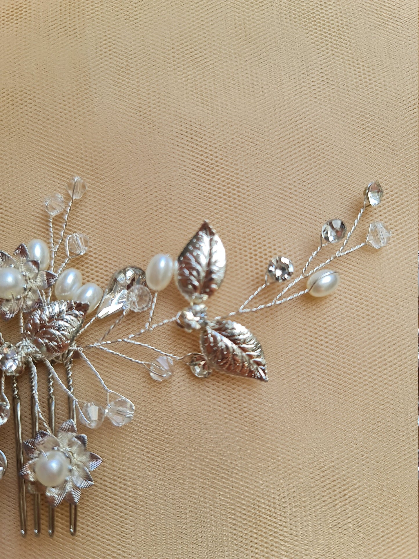 Floral Wedding Headpieces, Bridal Hair Clip, Pearl Crystal Bridal Headpiece, Bridal Hair Jewelry in silver color LL-1397
