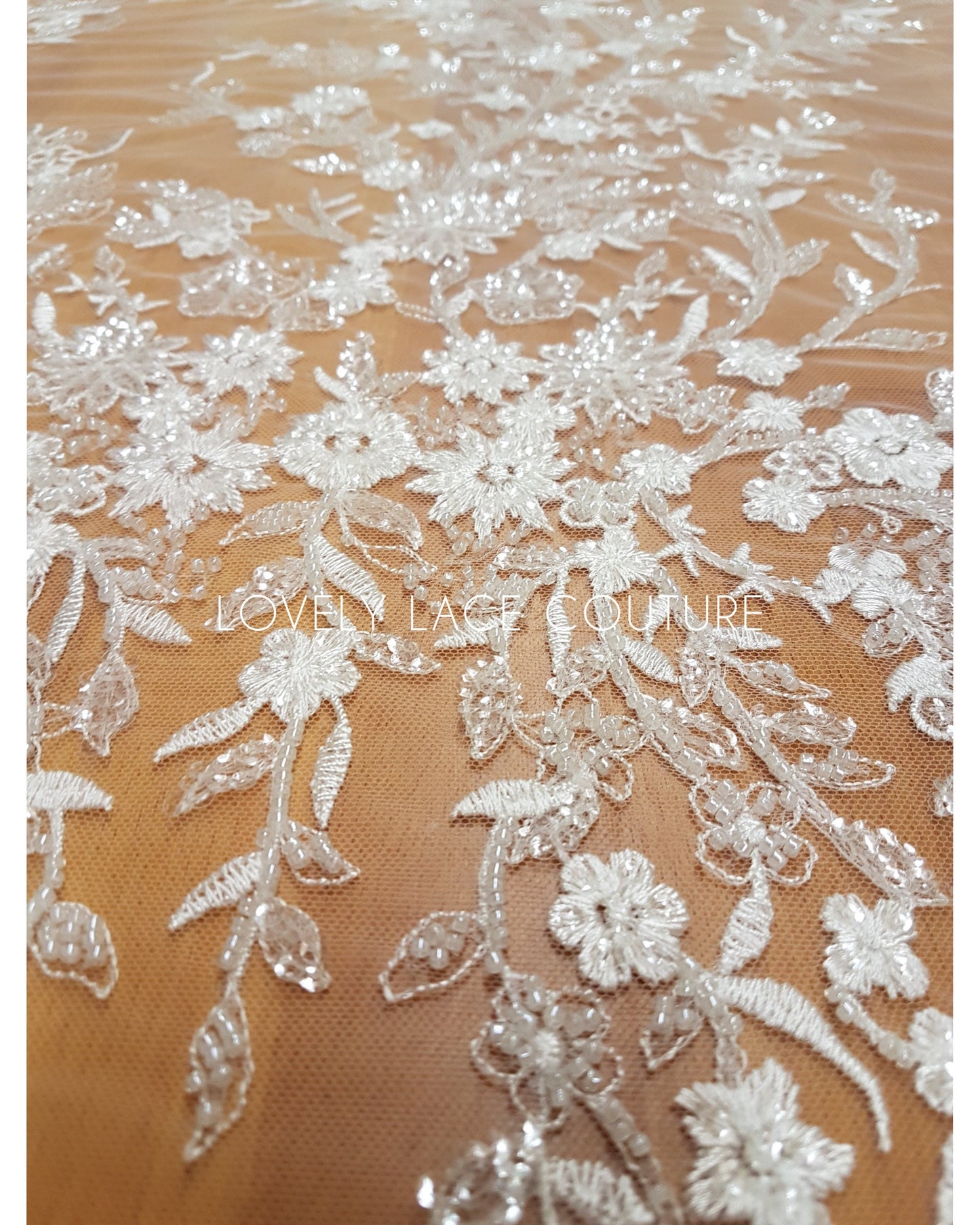 Lovely Flower bridal lace fabric with beads and sequins by yards, luxurious beaded wedding dress lace LL-1399 off-white or icegold LL-1449