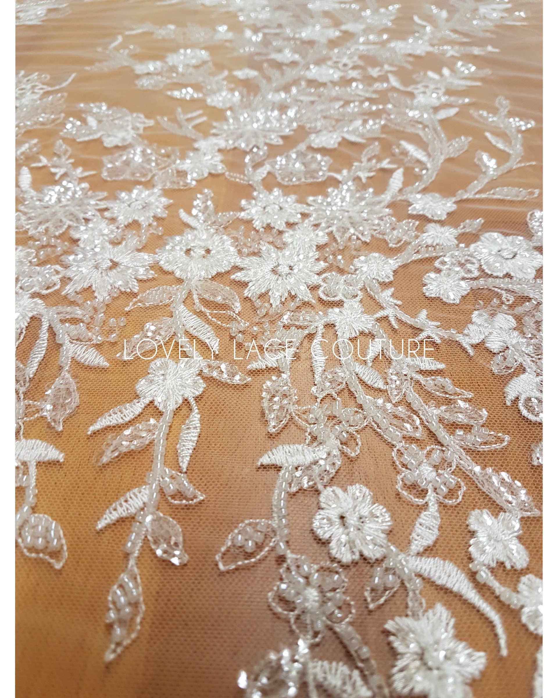 Lovely Flower bridal lace fabric with beads and sequins by yards, luxurious beaded wedding dress lace LL-1399 off-white or icegold LL-1449