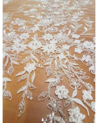 Lovely Flower bridal lace fabric with beads and sequins by yards, luxurious beaded wedding dress lace LL-1399 off-white or icegold LL-1449
