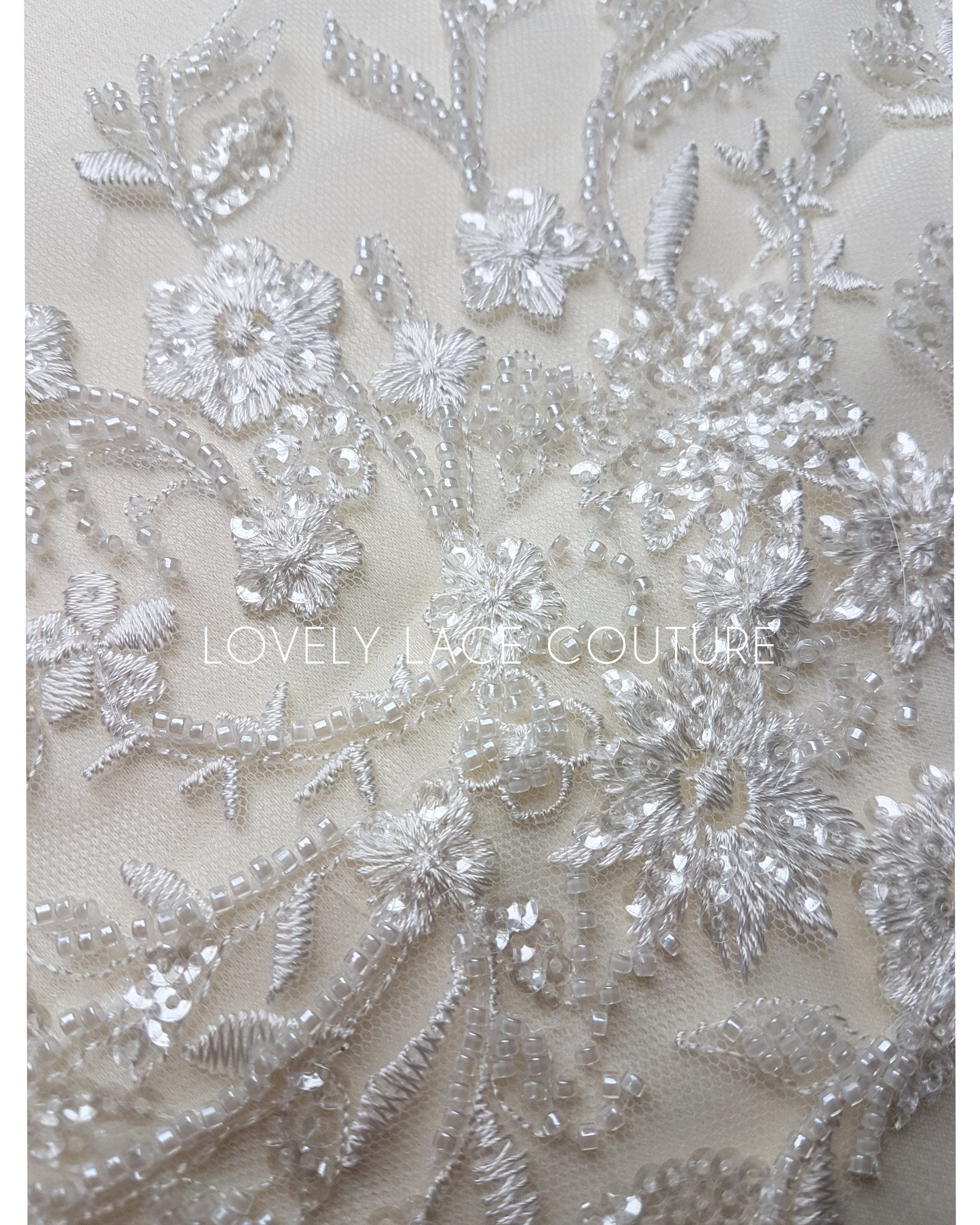 Lovely Flower bridal lace fabric with beads and sequins by yards, luxurious beaded wedding dress lace LL-1399 off-white or icegold LL-1449