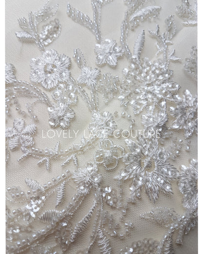 Lovely Flower bridal lace fabric with beads and sequins by yards, luxurious beaded wedding dress lace LL-1399 off-white or icegold LL-1449