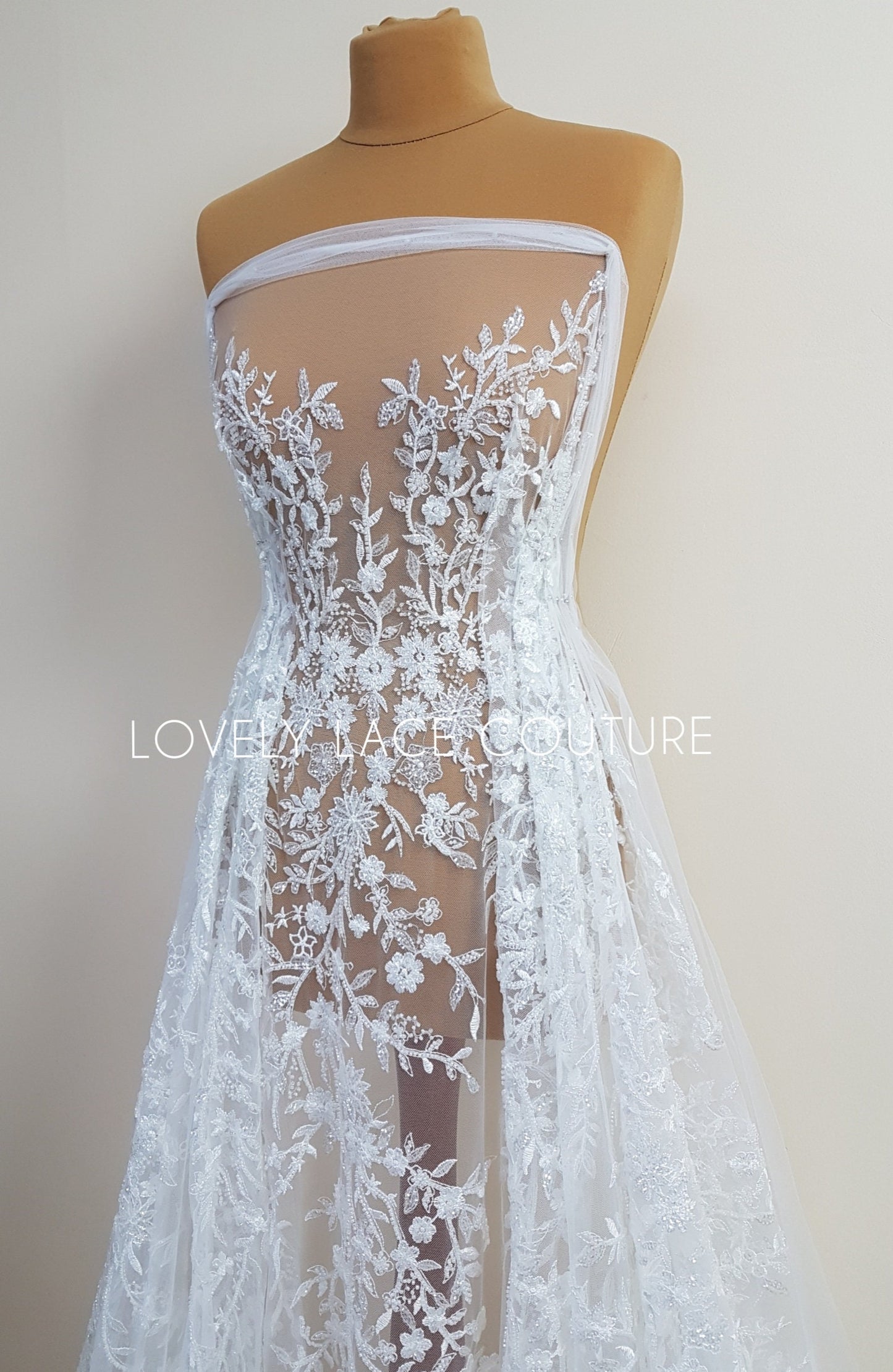 Lovely Flower bridal lace fabric with beads and sequins by yards, luxurious beaded wedding dress lace LL-1399 off-white or icegold LL-1449