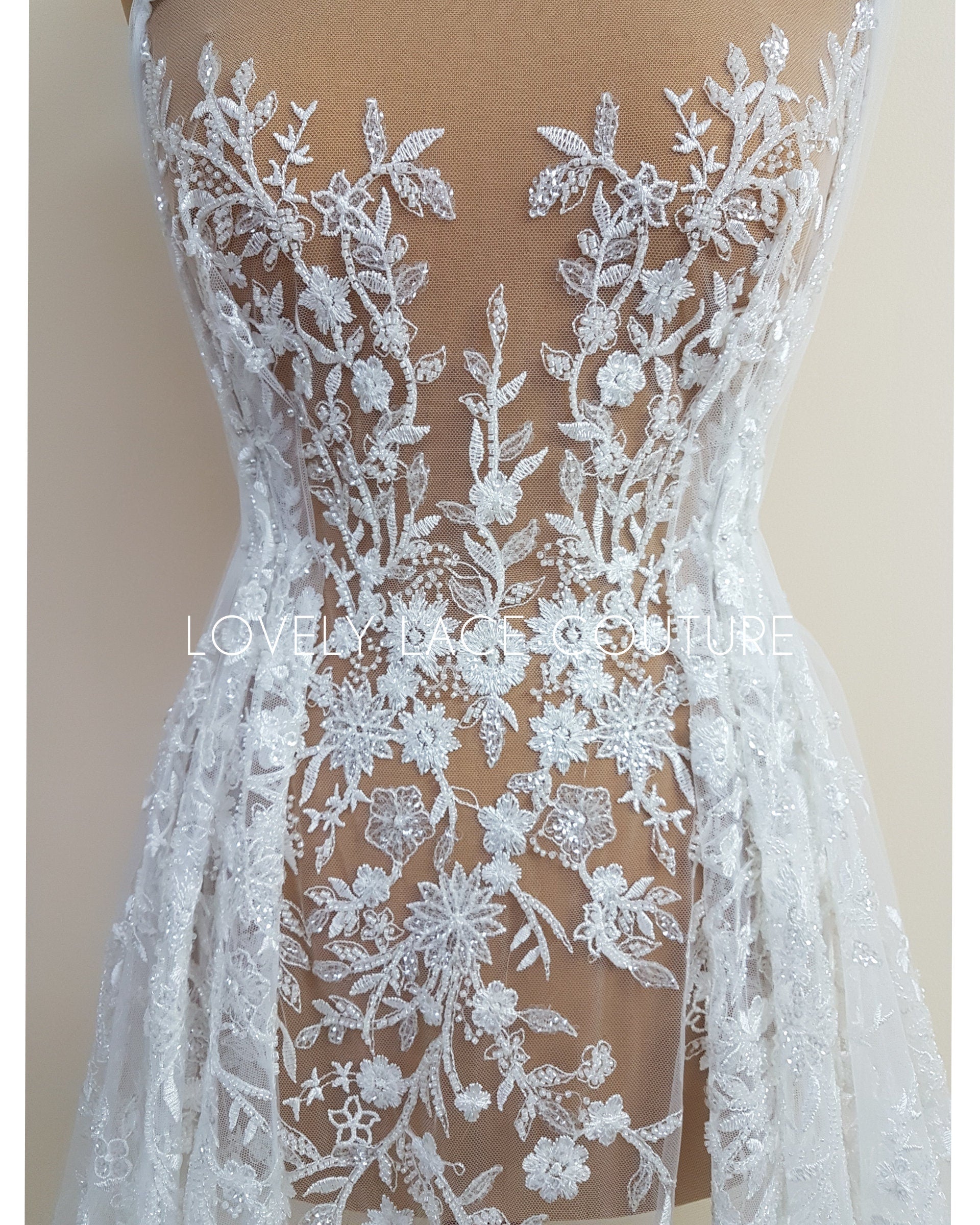 Lovely Flower bridal lace fabric with beads and sequins by yards, luxurious beaded wedding dress lace LL-1399 off-white or icegold LL-1449