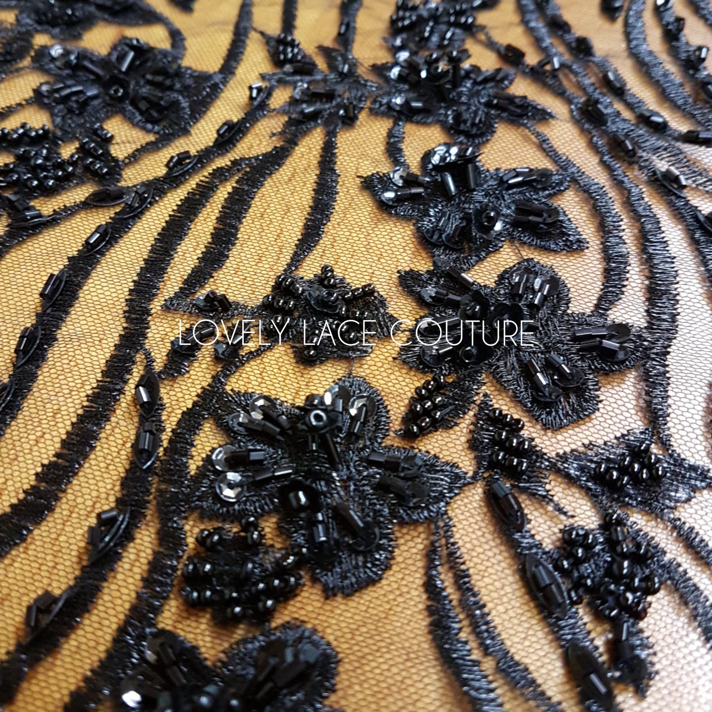 Modern Lace fabric with abstract flower design, black bridal lace, Wedding Lace Fabric, Embroidered lace in dramatic black color LL-1337