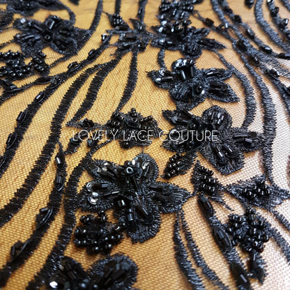 Modern Lace fabric with abstract flower design, black bridal lace, Wedding Lace Fabric, Embroidered lace in dramatic black color LL-1337