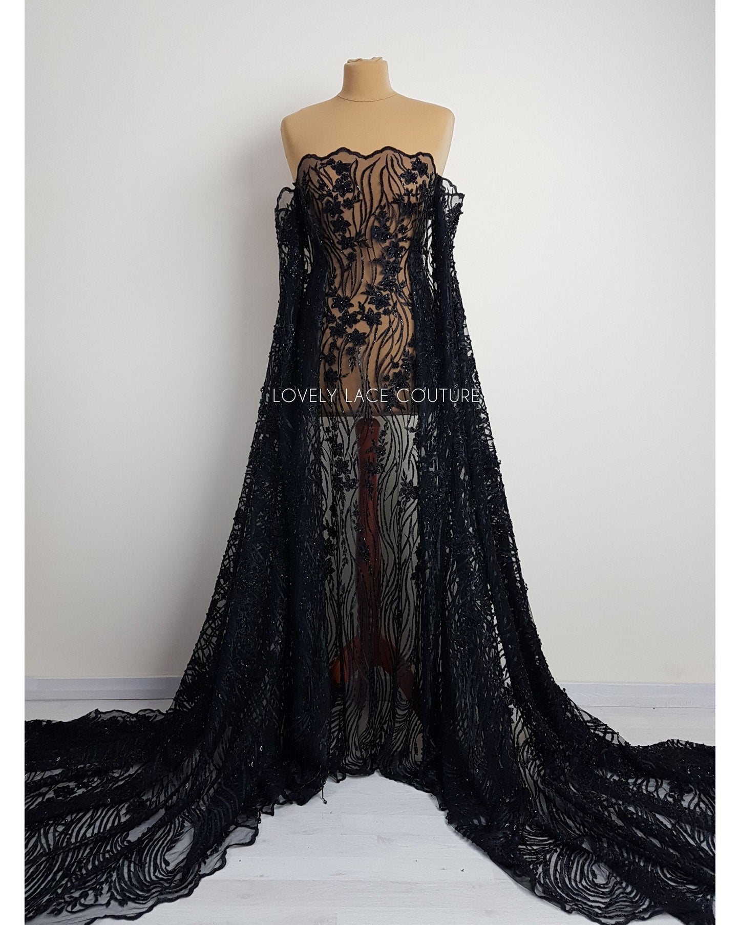 Modern Lace fabric with abstract flower design, black bridal lace, Wedding Lace Fabric, Embroidered lace in dramatic black color LL-1337