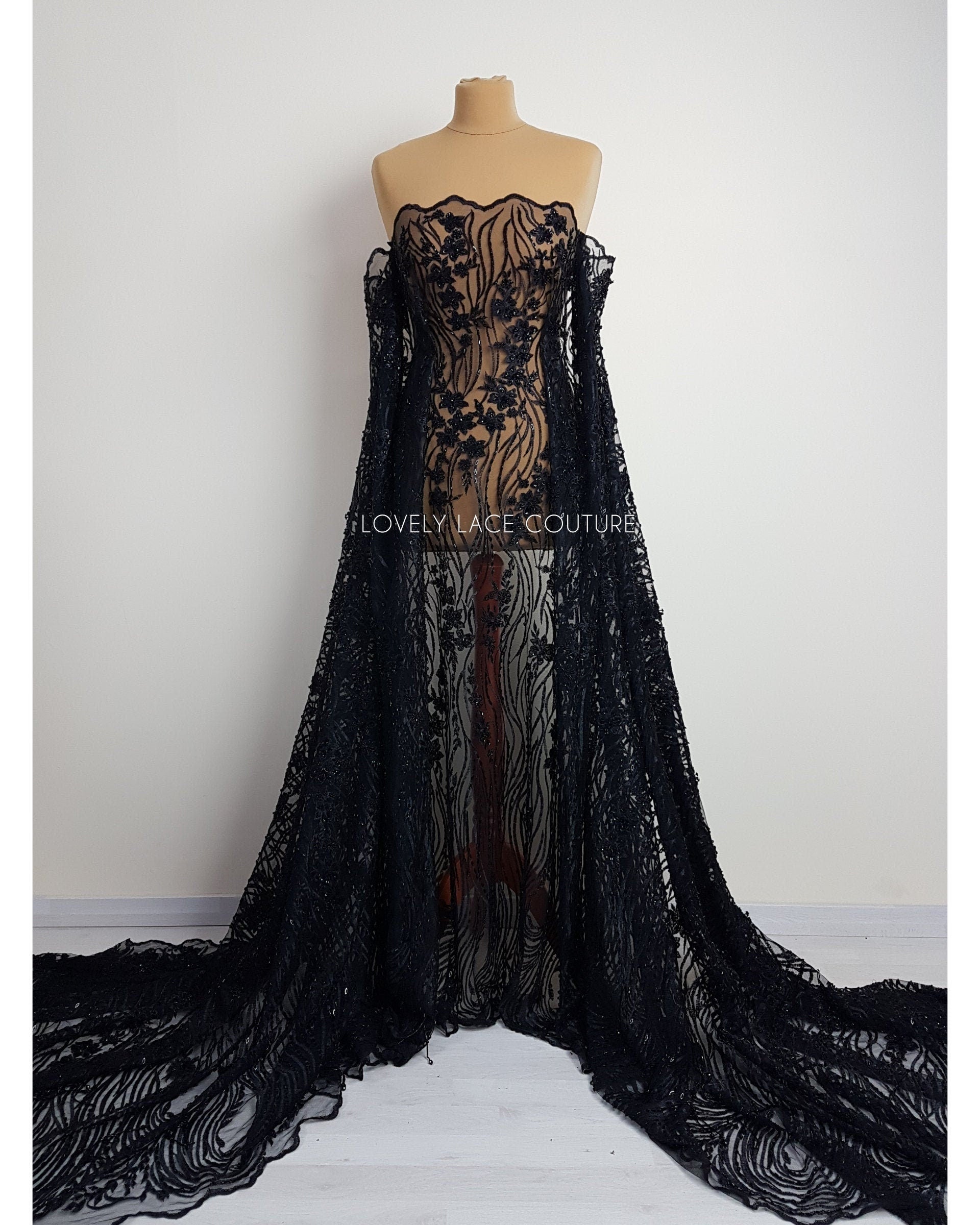 Modern Lace fabric with abstract flower design, black bridal lace, Wedding Lace Fabric, Embroidered lace in dramatic black color LL-1337