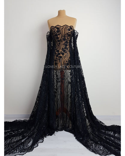 Modern Lace fabric with abstract flower design, black bridal lace, Wedding Lace Fabric, Embroidered lace in dramatic black color LL-1337